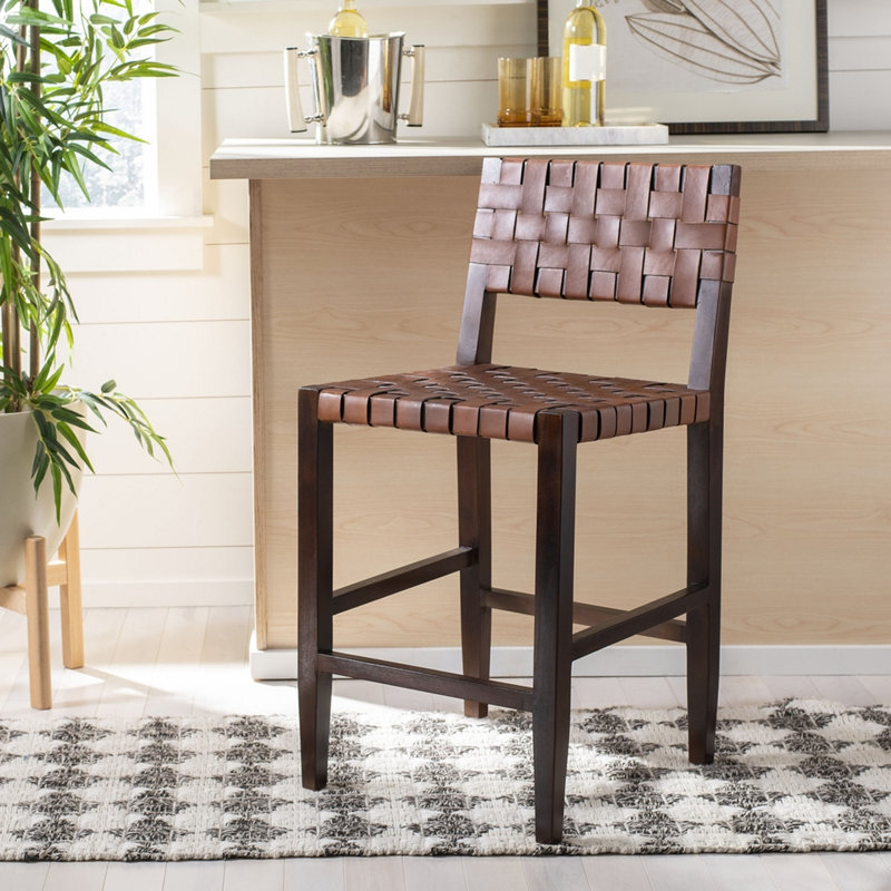Tabouret de bar en bois massif et cuir tressé, Tabouret de comptoir (siège d’une hauteur de 24