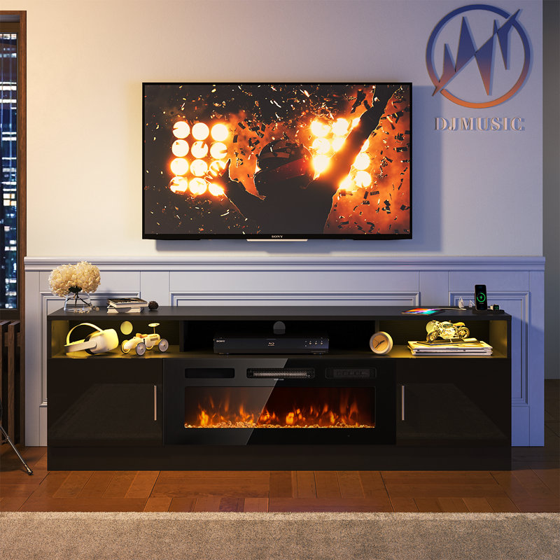 70'' TV Stand for TVs up to 80'' with Electric Fireplace, Power Outlets, LED Lights and Adjustable Shelves, Black