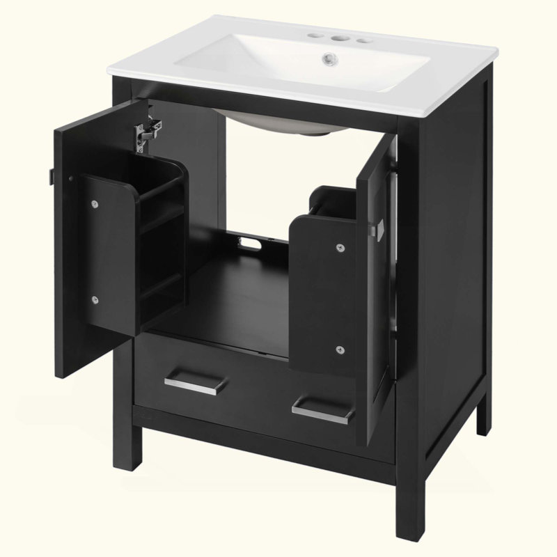 Meuble-lavabo avec lavabo encastré intégré et armoire de rangement avec 2 portes et 1 tiroir. Comprend une tablette de porte à double couche, un design et des solutions de rangement polyvalentes