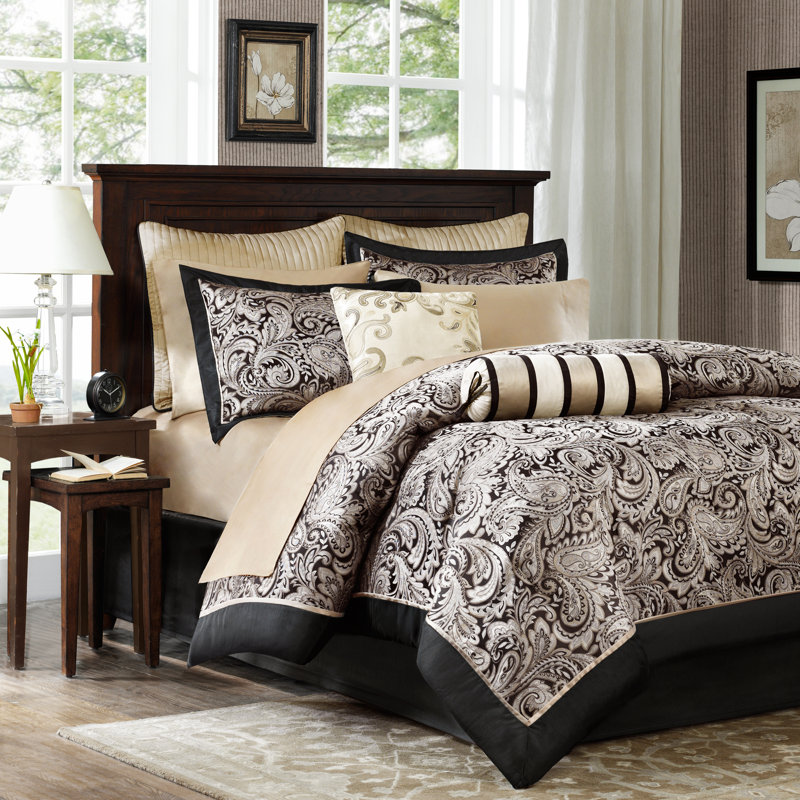 Aubrey 12 Piece Comforter Set with Cotton Bed Sheets, King Comforter + 11 Additional Pieces, Black/Gold