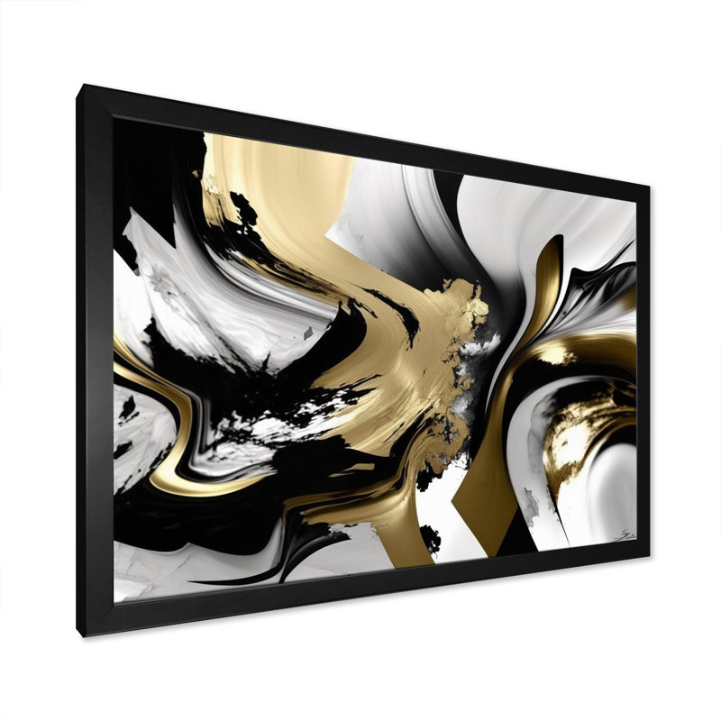 Golden Wave Reflections II - Art mural encadré abstrait, Cadre simple noir, H 12 po x l 20 po x P 1 po