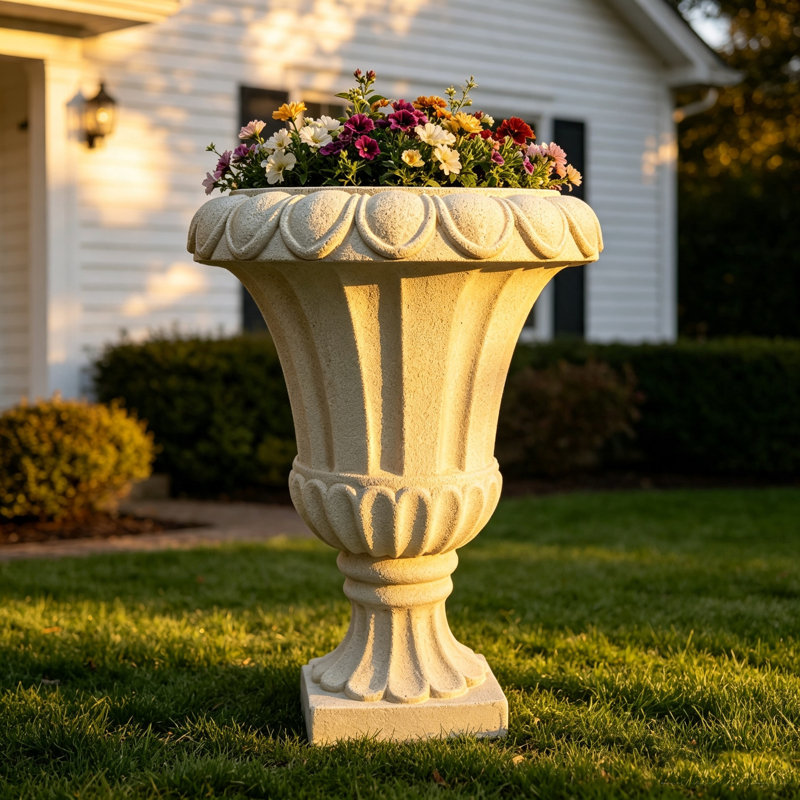 Grand pot de fleurs vertical cannelé en résine, de style romain, avec base carrée sur piédestal, vase décoratif à texture grès blanc cassé pour la décoration intérieure et extérieure (porche, terrasse, jardin).