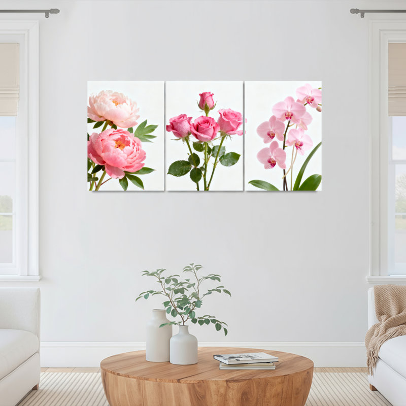 Reproduction botanique moderne sur toile tendue avec pivoines roses et orchidées roses (ensemble de 3), H 30 po x l 60 po