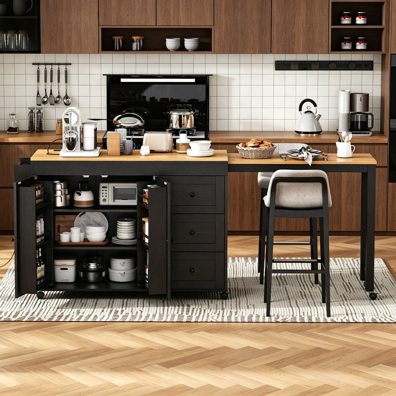74.8" Kitchen Island With Extendable Dining Table, Black