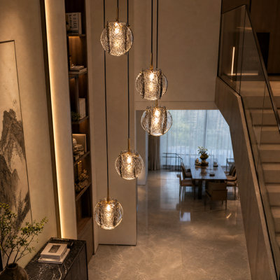 Luminaire suspendu moderne 5 lumières avec abat-jour en verre texturé gris fumé, lustre suspendu réglable