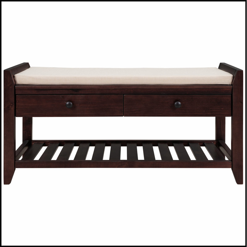 Banc de rangement pour hall d'entrée avec siège rembourré - 2 tiroirs et range-chaussures, bois de pin massif, pieds fuselés