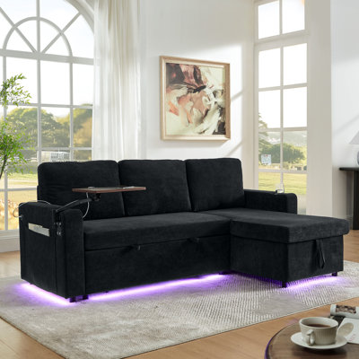 Lit escamotable en chenille noire avec éclairage décoratif DEL, charge, porte-gobelets et table de travail en bois rétractable