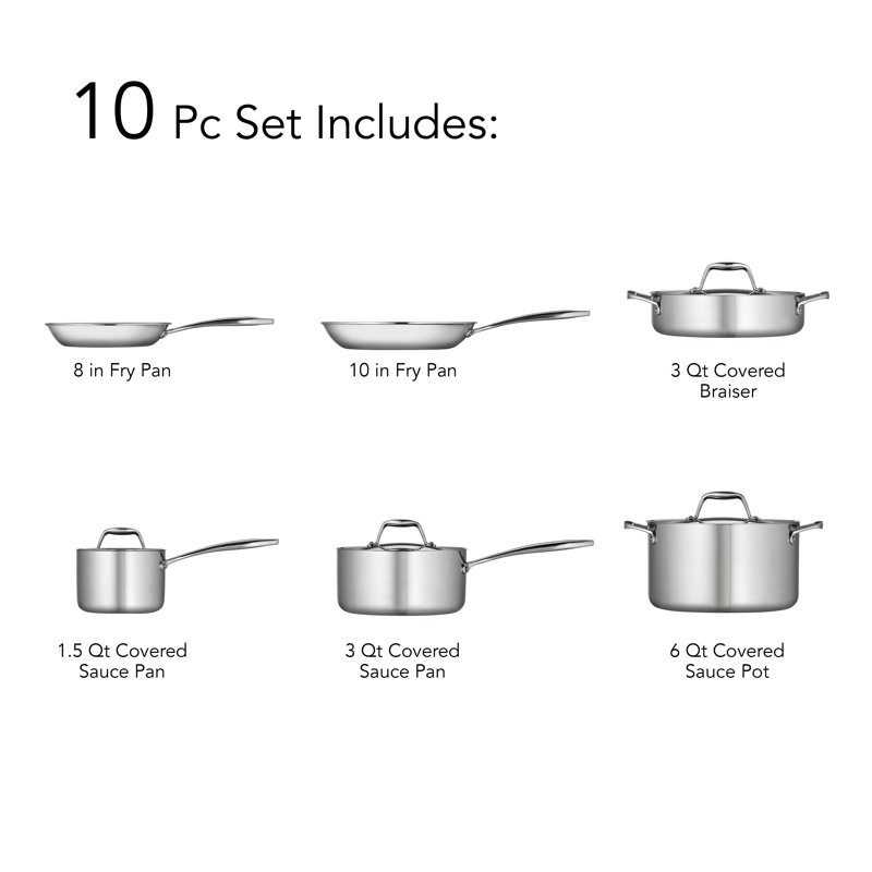 10-Piece Stainless Steel Tri-Ply Clad Cookware Set