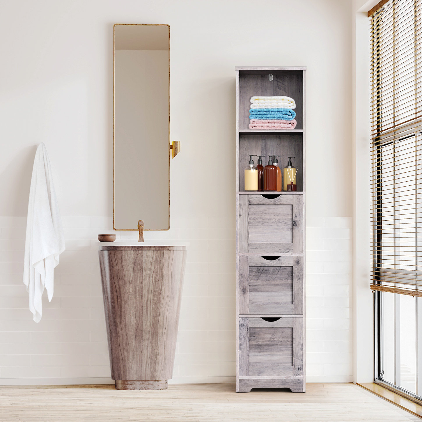 George Oliver Bathroom Floor Cabinet With 3 Drawers And 2 Shelves, Tall Narrow Bathroom Kitchen ...