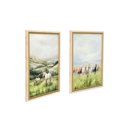 23.6x31.5", Multicolored Canvas Prints, Of 2, Horse Motifs, Countryside Views, Living Room, Office, Dining Soft Colors, Realistic Details, Transitional Decor, Rustic Decor Scenes, Entryway, Calm Blue