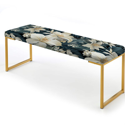 Beige And Grey Jungle Botanical Pattern - Tropical Upholstered Gold Bench