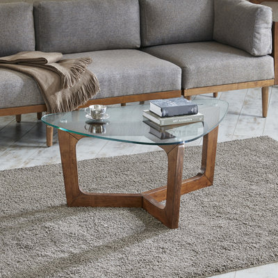 Pecan Solid Wood Coffee Table With Transparent Glass Fashionable In And Design