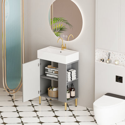 Meuble-lavabo à tablettes ouvertes avec lavabo en céramique et porte à fermeture en douceur, armoire de rangement pour vestiaire facile d'accès et d'organisation, assemblage requis.
