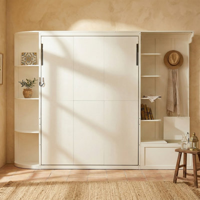 Grand lit escamotable avec rangement et lumières, pieds escamotables dissimulés