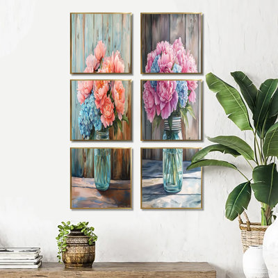 Bouquet de pivoines pastel à la ferme - Ensemble de 6 décorations murales florales