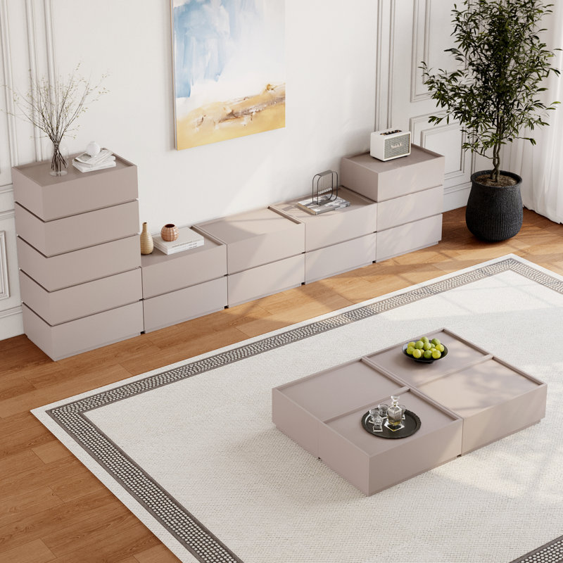 Meuble télé modulaire en chêne clair avec 14 tiroirs Heckman, Beige