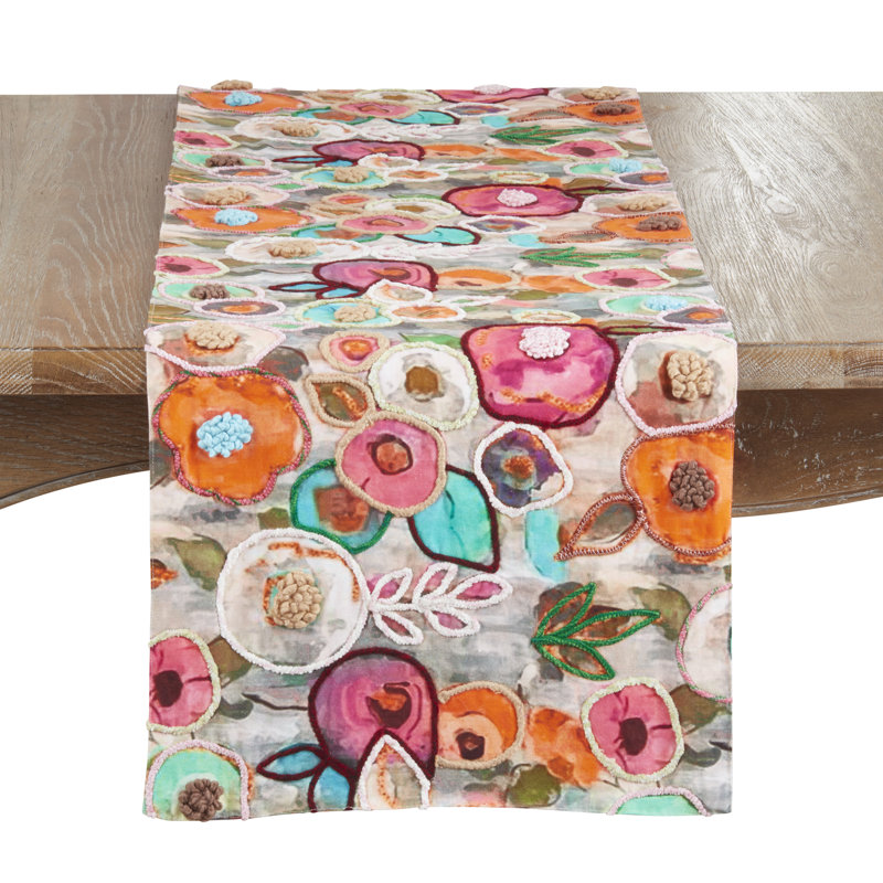Colorful Floral Embroidered Table Runner – Decorative Non-Reversible Table Runner for Dining Table, 16"x72"