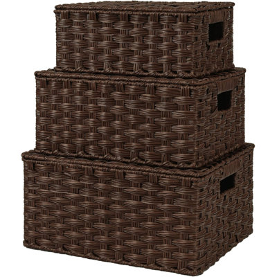Paniers en osier avec couvercles, boîtes de rangement décoratives avec couvercles | Paniers tissés avec couvercles, paniers en osier pour le rangement, boîtes de rangement décoratives, panier empilable tissé avec couvercle, paquet de 3