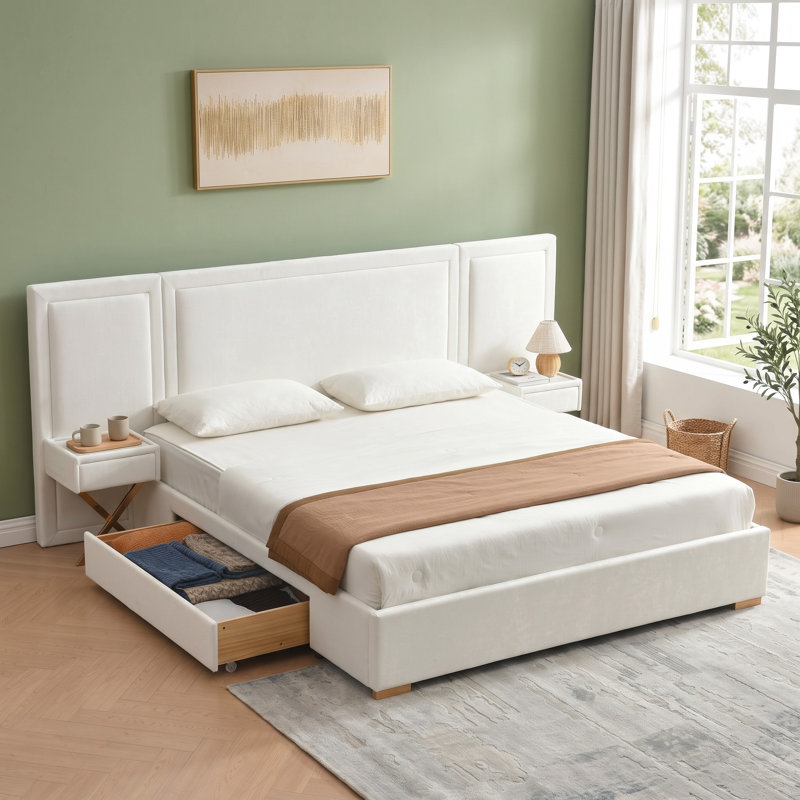 Lit plateforme moderne et glamour en velours avec tables de chevet et tiroirs de rangement intégrés, format King, blanc