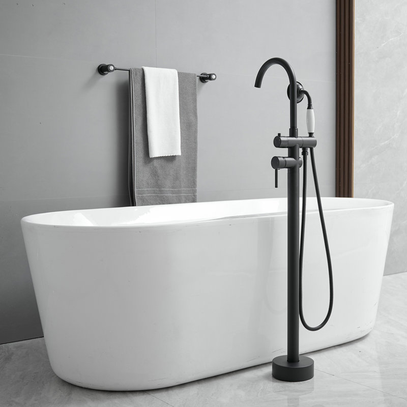 Robinet de baignoire romaine fixé au sol avec douche à main et poignée simple, Noir mat