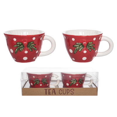 Dolomite Christmas Mushroom Tea Cups Set of 2 - Colorful Ceramic Mugs for Indoor Use, Perfect for Holiday Decoration, Gift Giving, and Hostess Gifts - 7.8oz Capacity, Festive Tabletop Decor