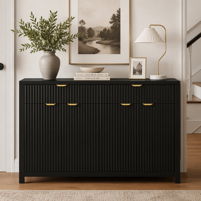 Buffet moderne scandinave, armoire de rangement à motif de vagues avec 2 tiroirs et 4 portes réglables pour le salon, Noir