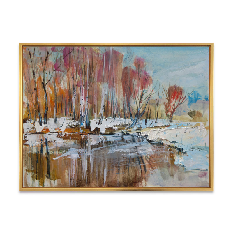 Forêt d'automne aux bouleaux III - Peinture sur toile, H 24 po x l 36 po x P 1 po, Cadre flottant doré