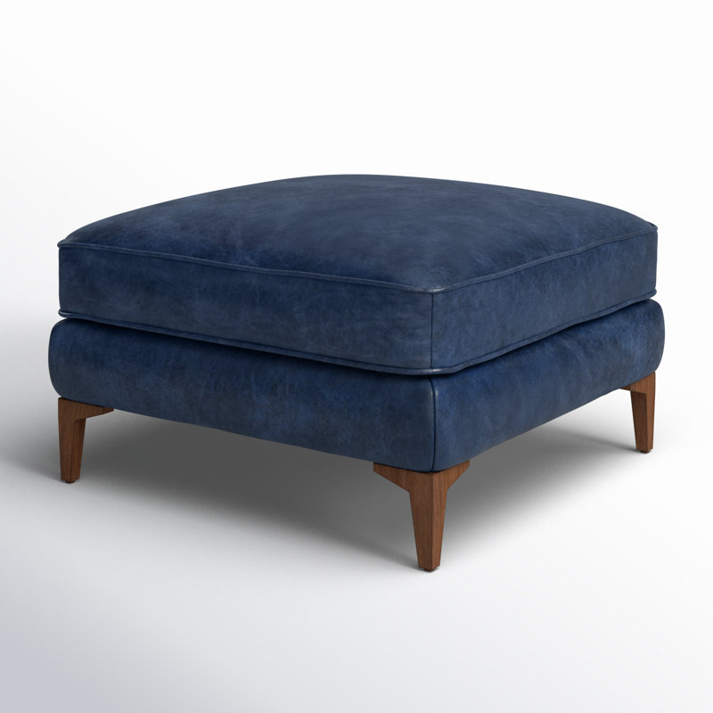 Essex Full-Grain Genuine Leather Ottoman, Midnight Blue Genuine Leather