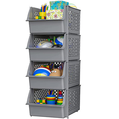 Bacs de rangement empilables pour organisateurs de placard et rangement, ensemble de 4 bacs de rangement pour garage, bacs de rangement empilables, organisateur de salle de bain et de garage (gris)