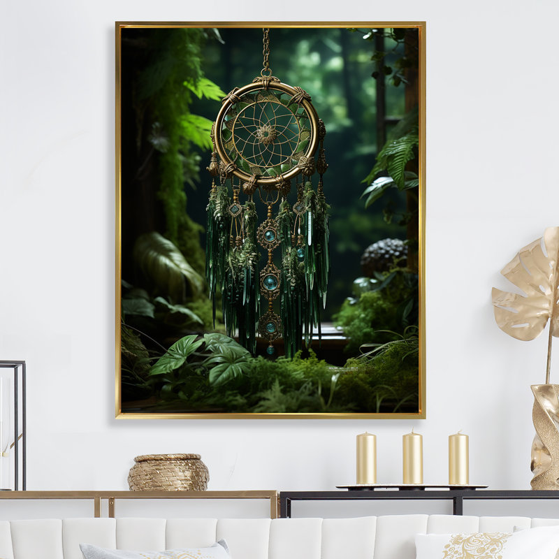 Oasis d'attrape-rêves noir et vert sur toile, H 40 po x l 30 po x P 1,5 po, Cadre flottant doré