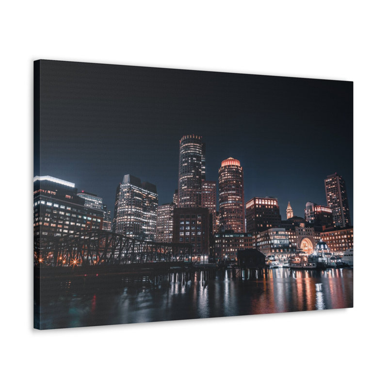 «Boston Night Skyline», toile d'art à couper le souffle, paysage urbain époustouflant, H 16 po x l 20 po