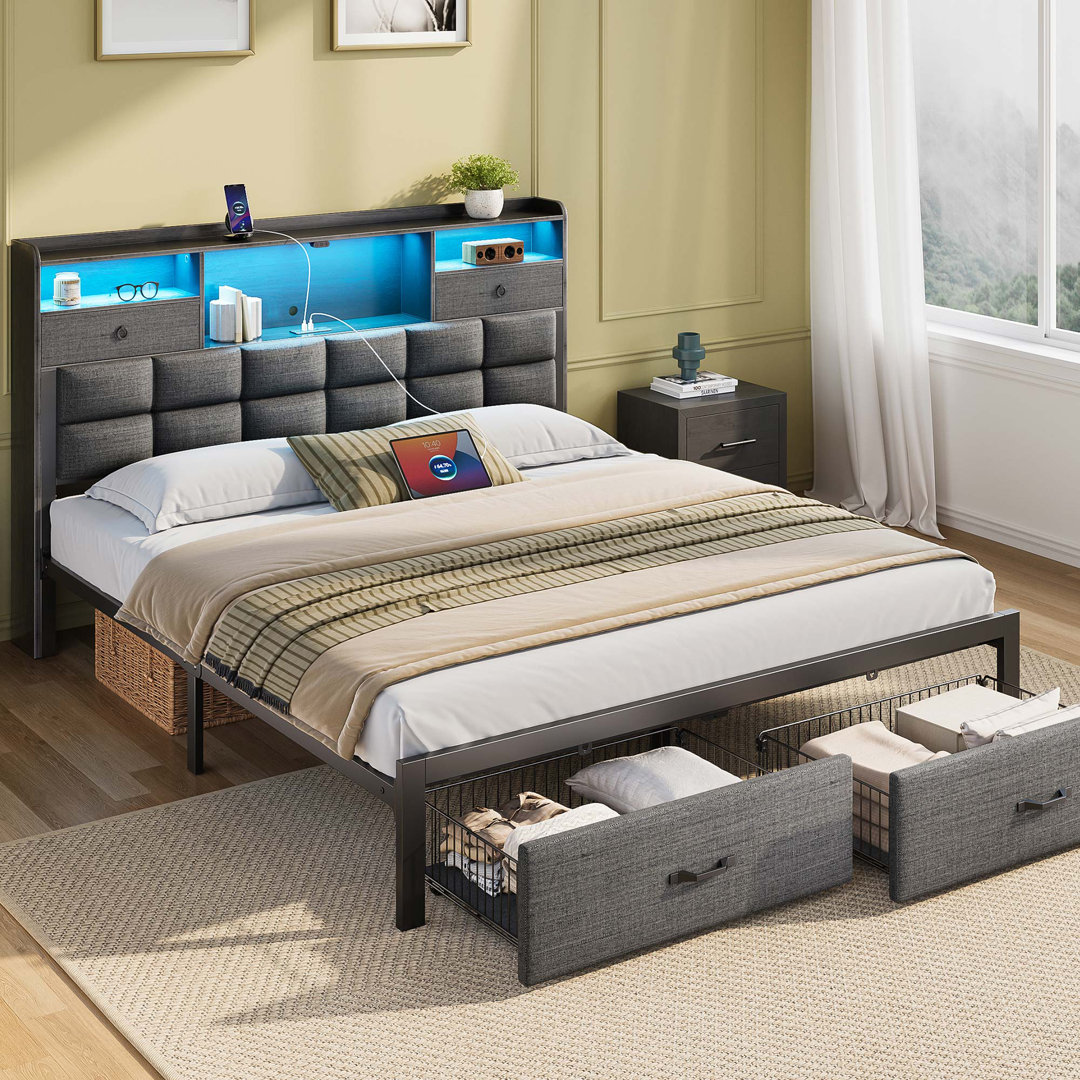 Bed Frame with Drawers and Headboard, Upholstered Storage Bed with Charging Station and LED Lights Wrought Studio™ 