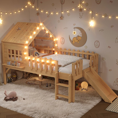 Lit mezzanine avec glissade House, lit de maison de jeu avec motifs en forme d'étoile en forme de lune et fenêtre, design chic avec lumières DEL, aucun sommier nécessaire