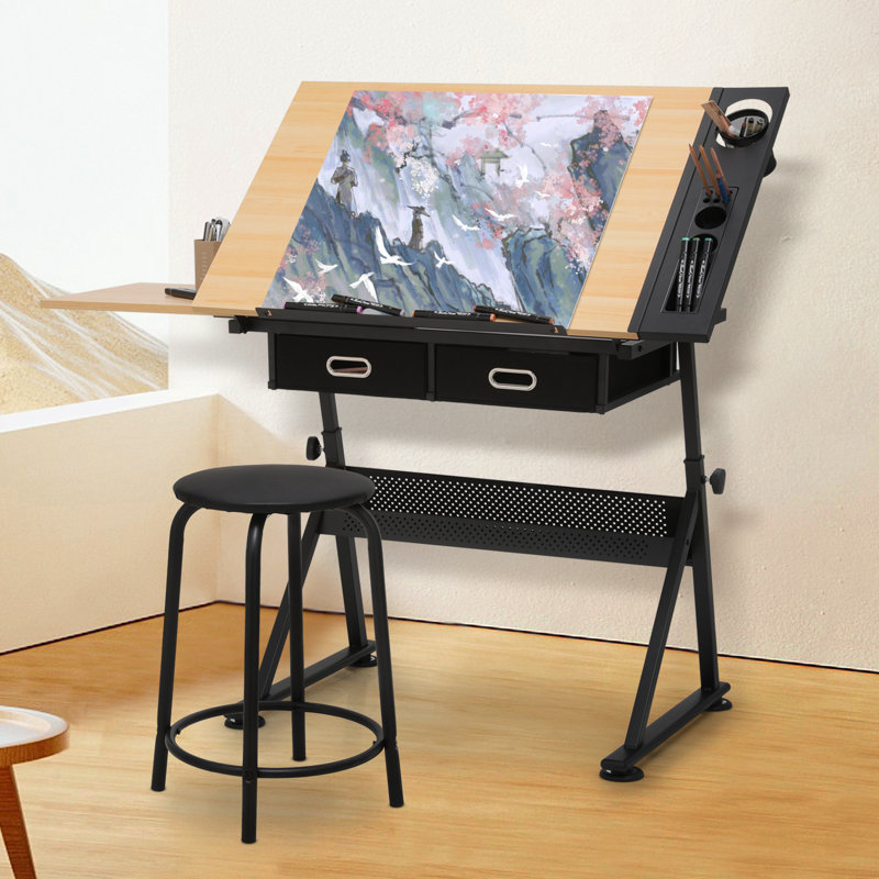 Craft and Drawing Table Workstation with Stool, Drafting Table with Slide-Out Tabletop and Drawers