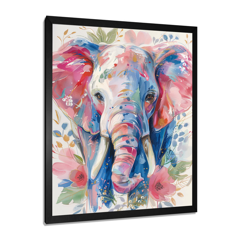 Pépinière, gris, rose, magnifique éléphant II - éléphant, art mural animal, Cadre simple noir, H 30 po x l 40 po