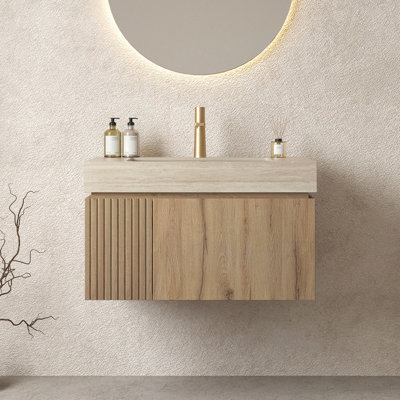 30" Bathroom Vanity&Sink, Floating Plywood Storage Cabinet With Drawer&Door, Roma Travertine Sintered Stone Top&Ceramic Basin With 1 Pre-Drilled Faucet Hole, Pre-Assembled