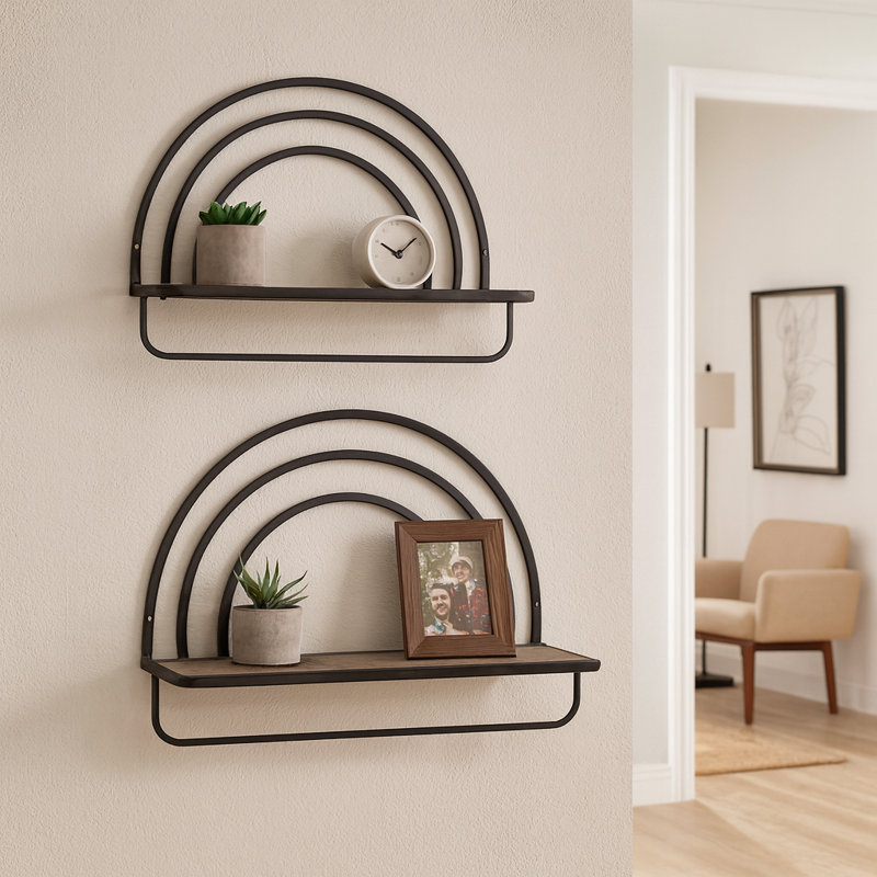 Étagère murale décorative arquée en bois et métal pour décoration intérieure, Brun / Noir