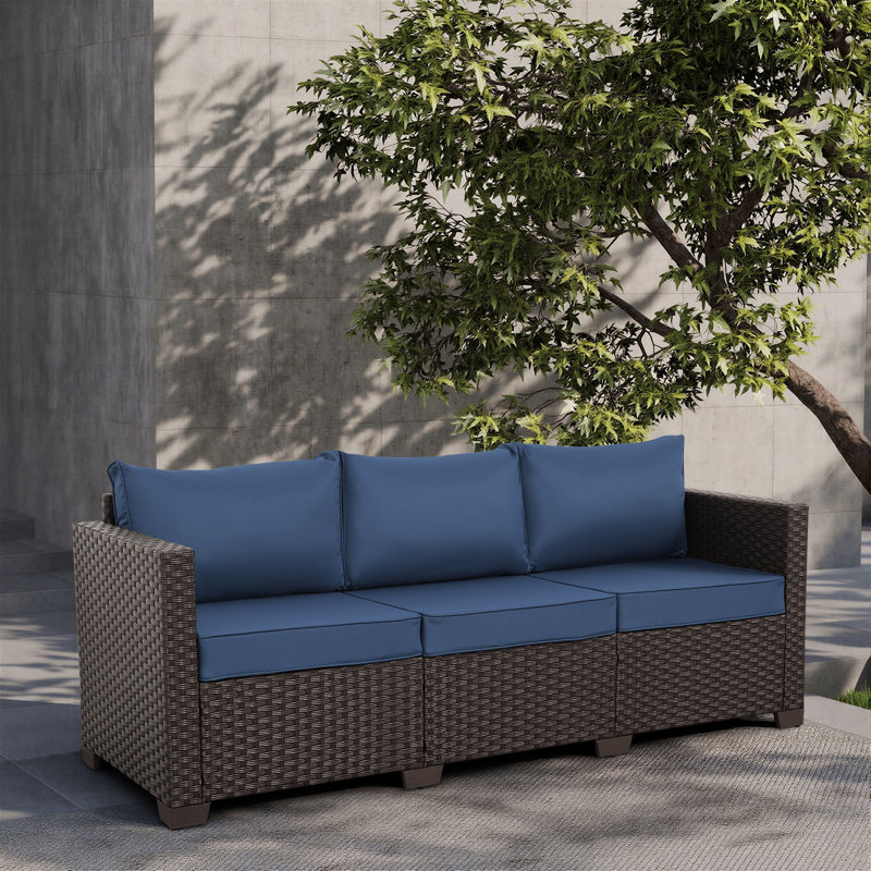 Ailina 79'' Wide Outdoor Wicker Patio Sofa with Anti-slip Cushions and Waterproof Cover, Brown, Navy Blue