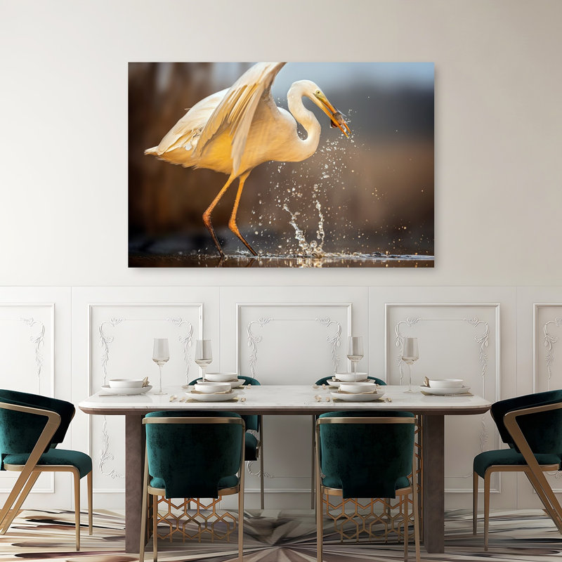 Egret Catches Fish Serene Contemporary Bird Fish Nature Wildlife Wall Art Print 1 Piece Wrapped Canvas Wall Art