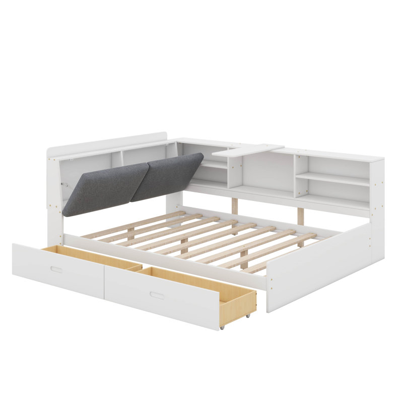 Full Size Daybed With Storage, Wood Corner Bed Frame With Bookcase Headboard And 2 Drawers, White