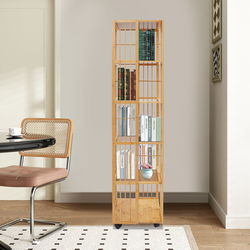 Bibliothèque 63 "H 63,8" x l 14,6 "à 6 niveaux rotative à 360 degrés avec roues, Naturel