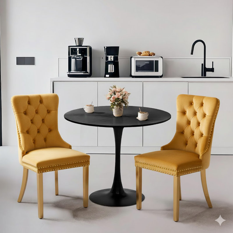 Dining Table Set,  24" Round Dining Table And 2 Velvet Dining Chairs With Gold-plated Legs, Black, Gold