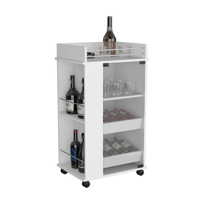 Lansing Bar Cart with Glass Door, 6 shelves and Casters, Living Room