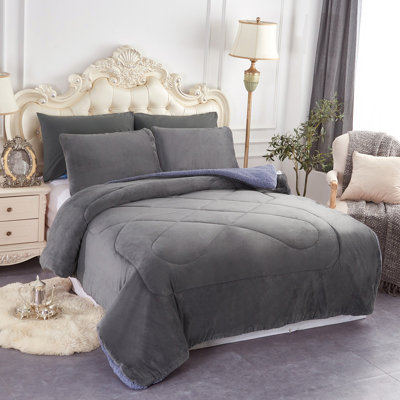 JML BorregoSolid1024 Microfiber Reversible 3 Piece Comforter Set, Sherpa Flannel Fleece Bed Blanket, King/Queen 
