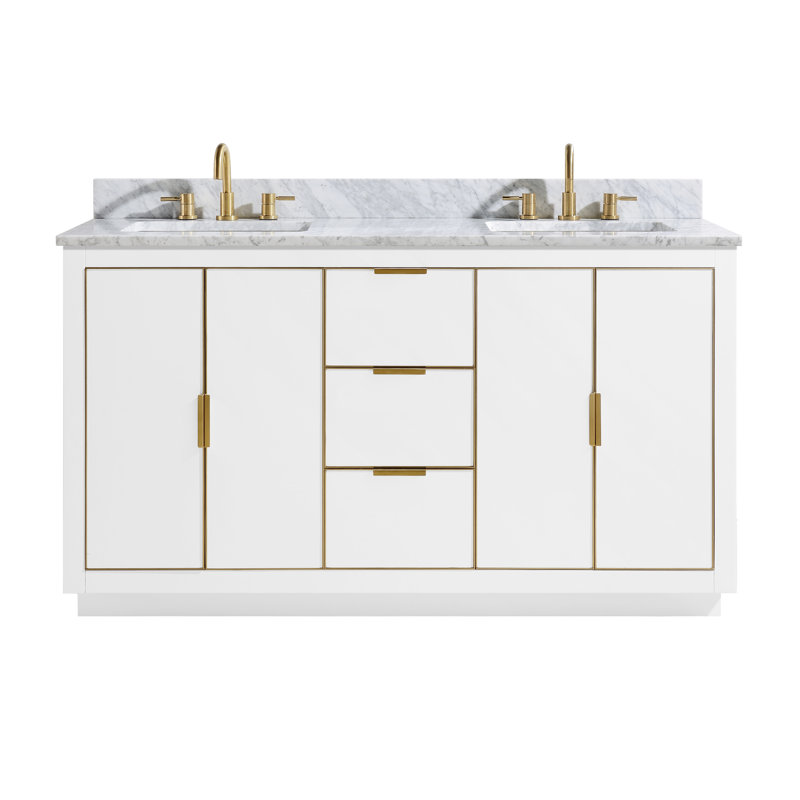 Austen 61'' W Double Vanity, Carrara White Marble/Gold, White