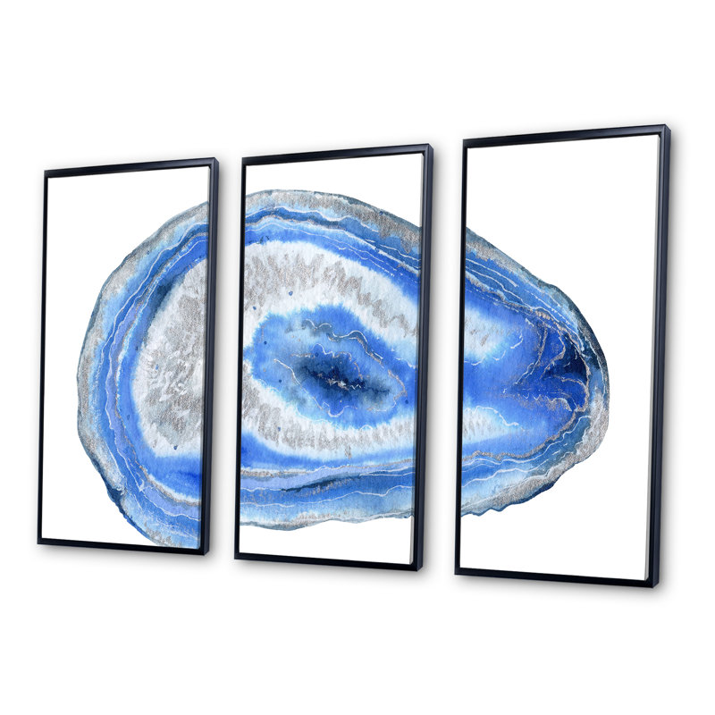 Géode minérale bleu foncé - 3 pièces, reproduction sur toile, Cadre noir, H 28 po x l 36 po x P 1 po
