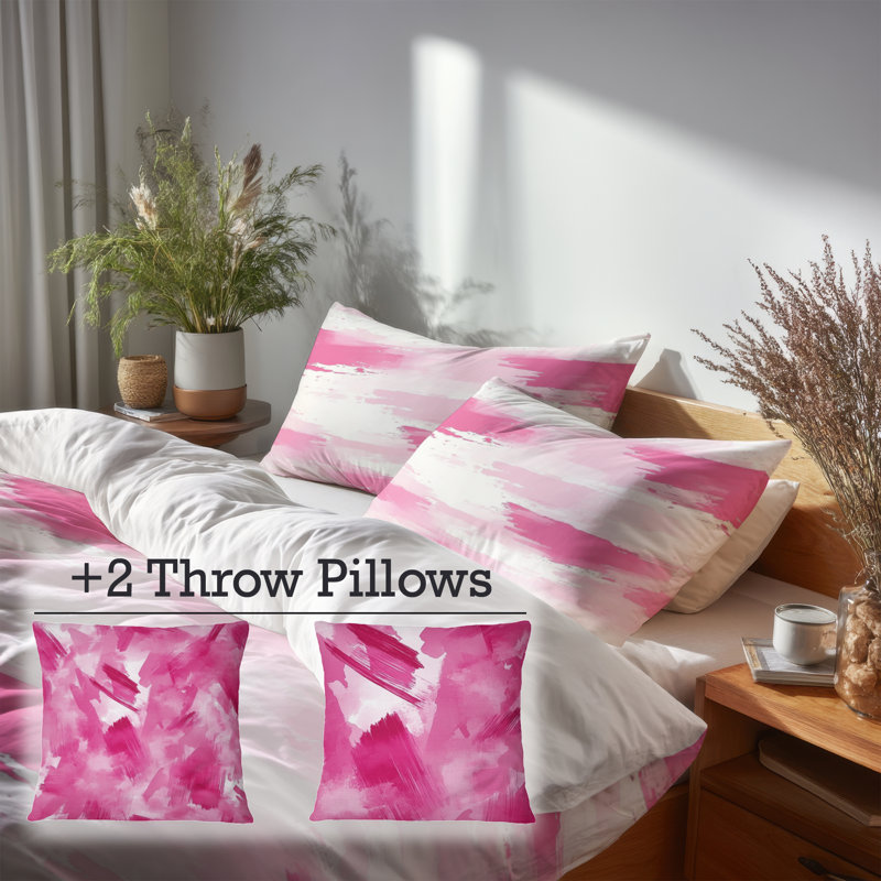Ensemble de literie moderne 5 pièces pour adolescents - Ensemble de housse de couette et coussin décoratif Abstract Pink Horizon