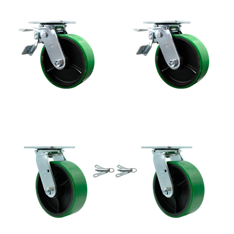Ensemble de roulettes en acier 6 po avec roulement à rouleaux 2 freins et verrou pivotant 6 po, Vert