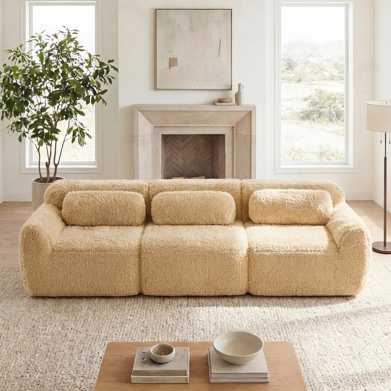 Canapé 3 places en tissu moelleux et moelleux avec coussins décoratifs, Peluche kaki clair, Kaki pâle