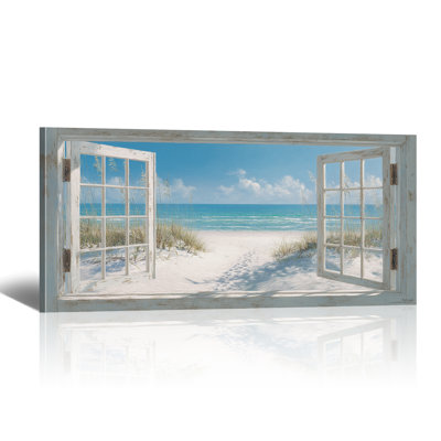 Ocean Beach Window Canvas Wall Art - Summer Coastal Seascape Picture Landscape Canvas Prints, Horizontal Tropical Sea Paintings Artwork for Home Decor